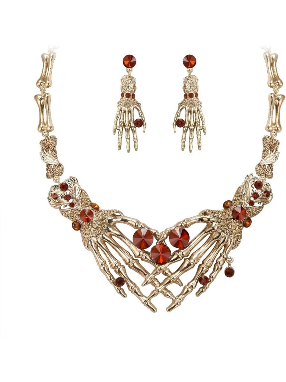 Women's Brown Gold Tone Halloween Skeleton Hand Skull Crystal Austrian Necklace